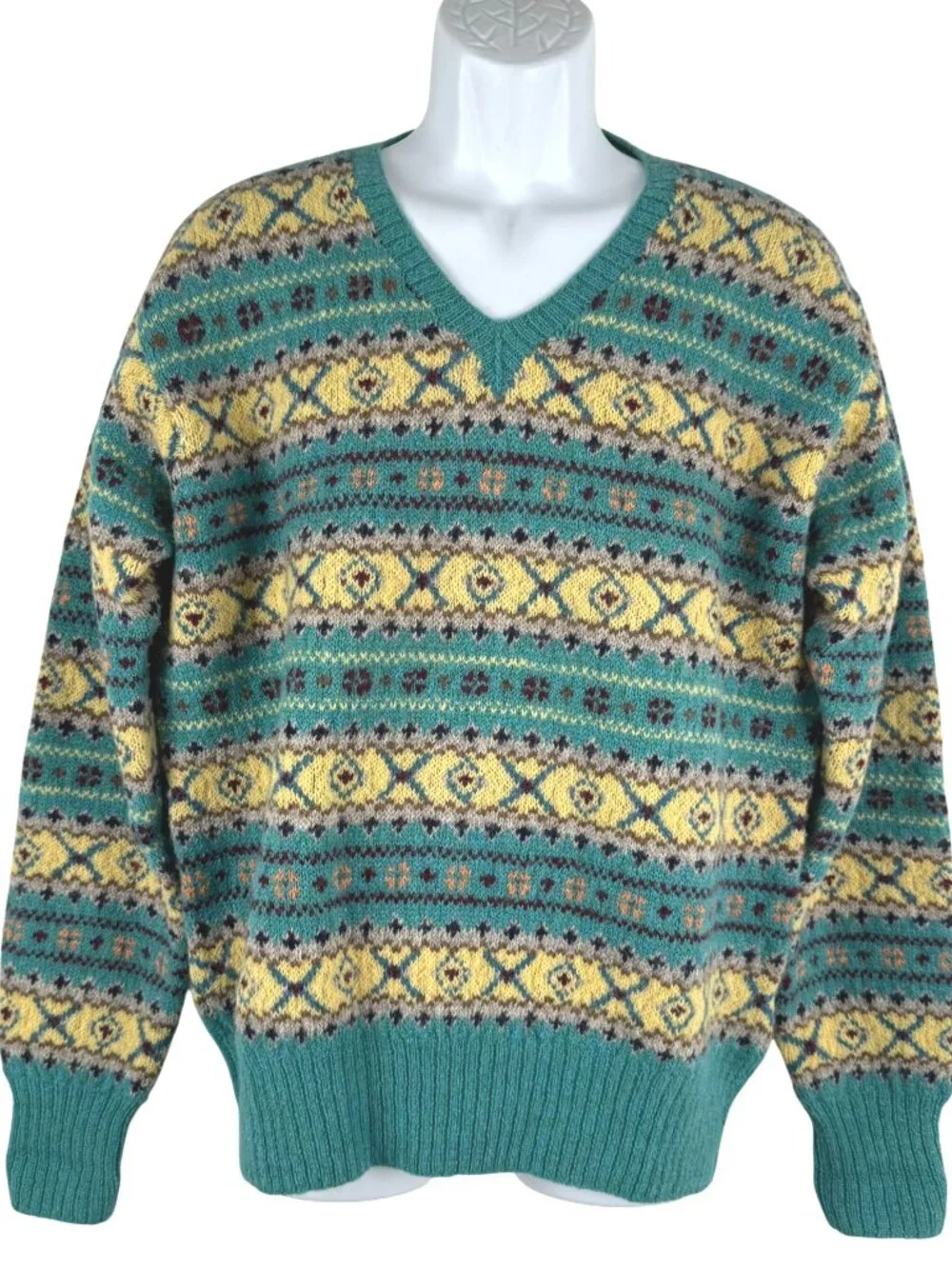 Polo Ralph Lauren Fair Isle V-Neck Sweater Mens Large Wool Hand Knit FS-1546